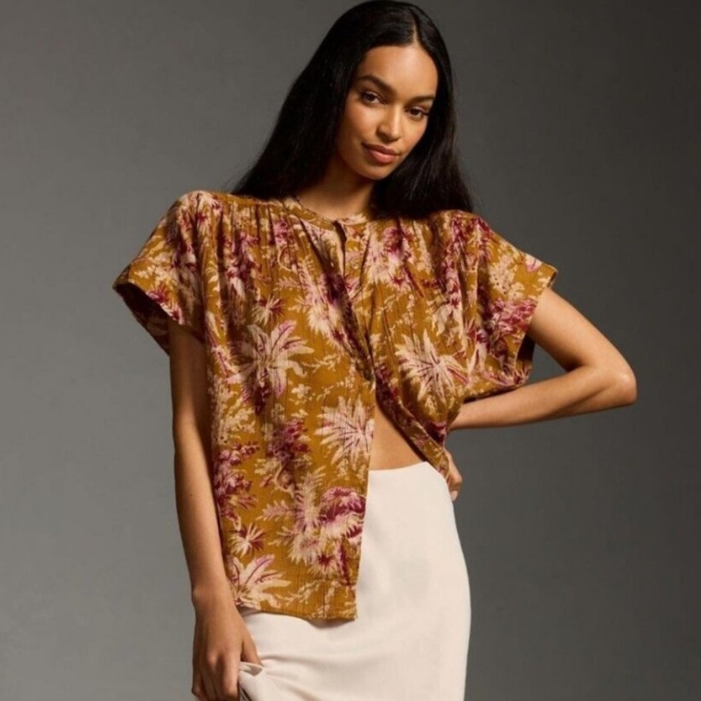Anthropologie Pilcro Floral Batwing Button Down Blouse Top in S/M